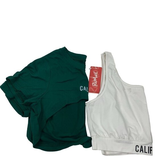 ROMWE California Hi-Low Short Sleeve Crop Top & Bra Top Green White Sz L NWT - Picture 2 of 10